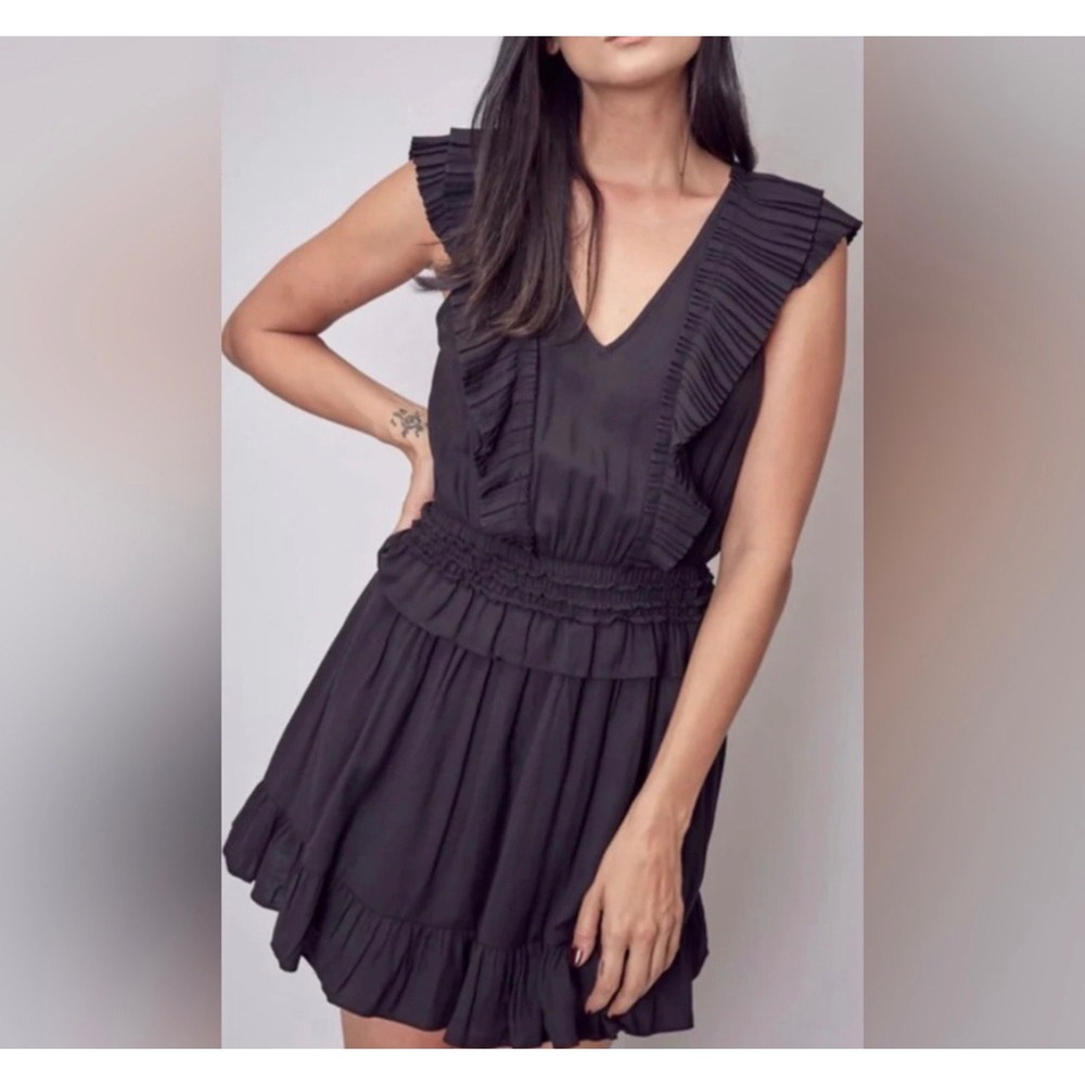 DO+BE Mini Dress Womens Small Black New Ruffled Pleated V-Neck Smocked Waist